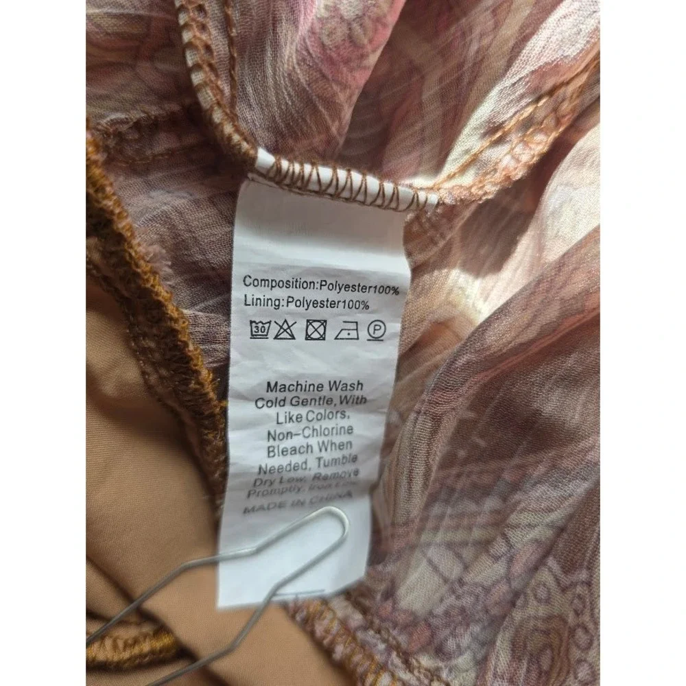 Paisley Tiered Midi Dress Womens XS Brown Boho Smocked‎ Ruffle Long Sleeve